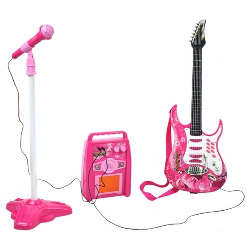 Kruzzel 17289 Dětská elektrická kytara s mikrofonem růžová sada 22407