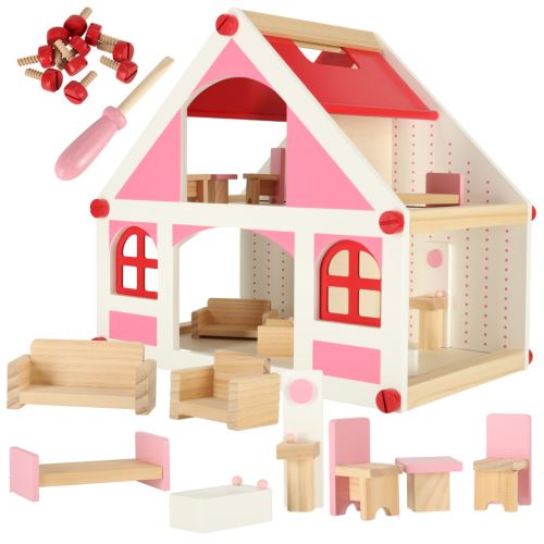 KIK Dřevěný domeček pro panenky bílo - růžový + nábytek 36 cm KX4351