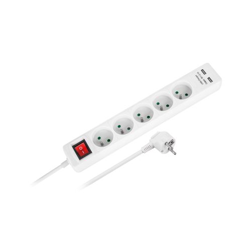 Rebel napájecí prodlužovací kabel 5 zásuvek + 2 USB zásuvky s vypínačem -1,5m bílý URZ3203-1,5