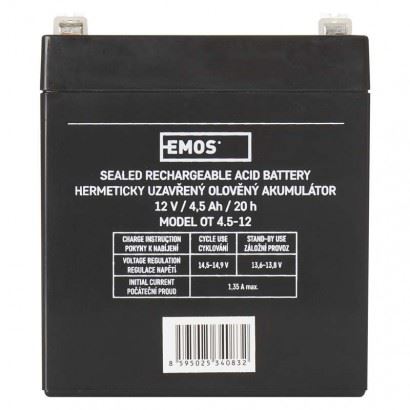 Emos B9653 Bezúdržbový olověný akumulátor 12 V/4,5 Ah, faston 4,7 mm, černý 1201000700