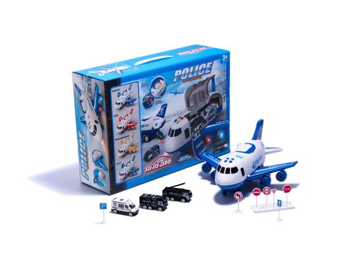 KIK KX6684_1 Dětské modré letadlo se 3 policejními auty